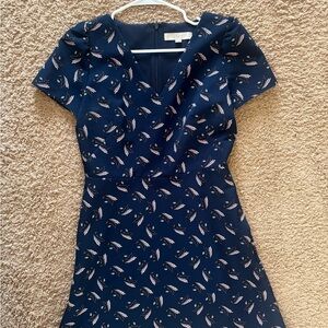 LOFT Navy Blue Feather Print Dress